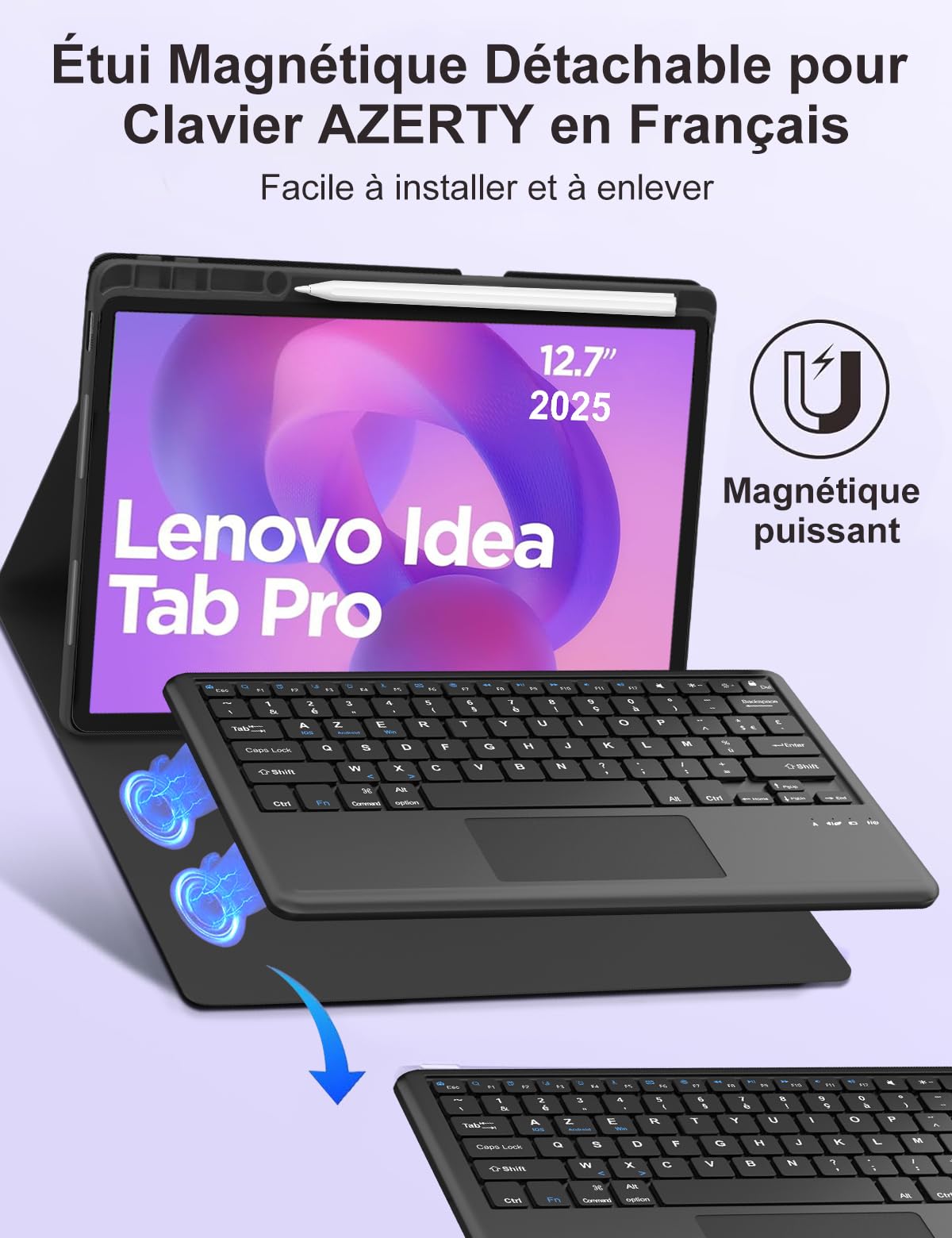 FOGARI Etui do Lenovo Idea Tab Pro 2025 - Panel dotykowy Klawiatura do Lenovo Idea Tab Pro Tablet 12,7", AZERTY Trackpad Bezprzewodowa klawiatura magnetyczna Bluetooth, czarna