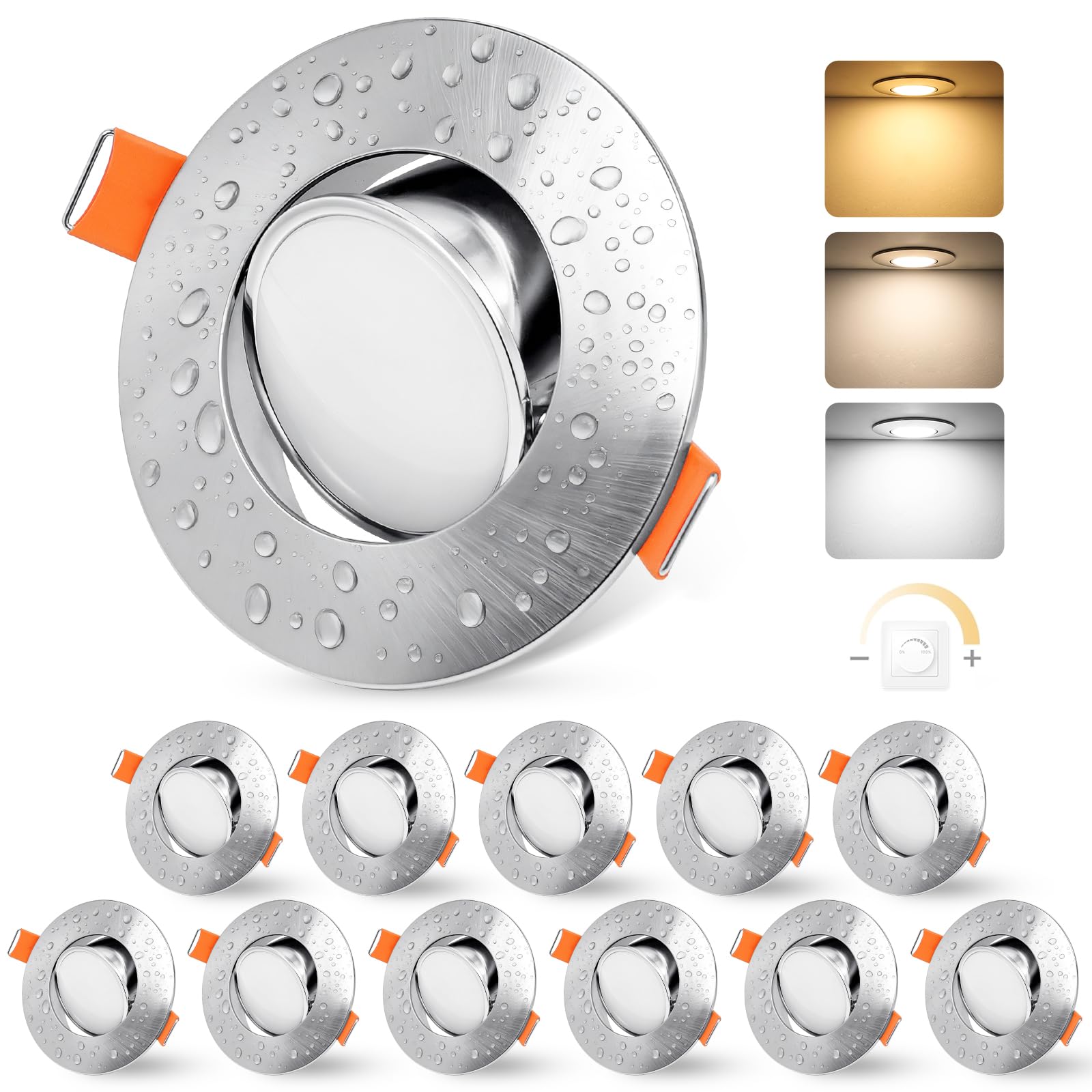 YindaLux 12x LED Einbaustrahler 230V Dimmbar 5W IP44 Nickel Loch 68-80 mm | 550lm, 120° 3 Lichtfarben Warmweiß/Neutralweiß/Kaltweiß, 45° schwenkbar, Flimmerfrei, für Badezimmer, Küche und Wohnzimmer