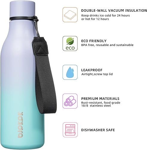 Miniatura 2 de BJPKPK - Botellas de agua aisladas, botella de agua de metal de acero inoxidable de 18 onzas con correa, jarras, tazas, frascos sin BPA a prueba de
