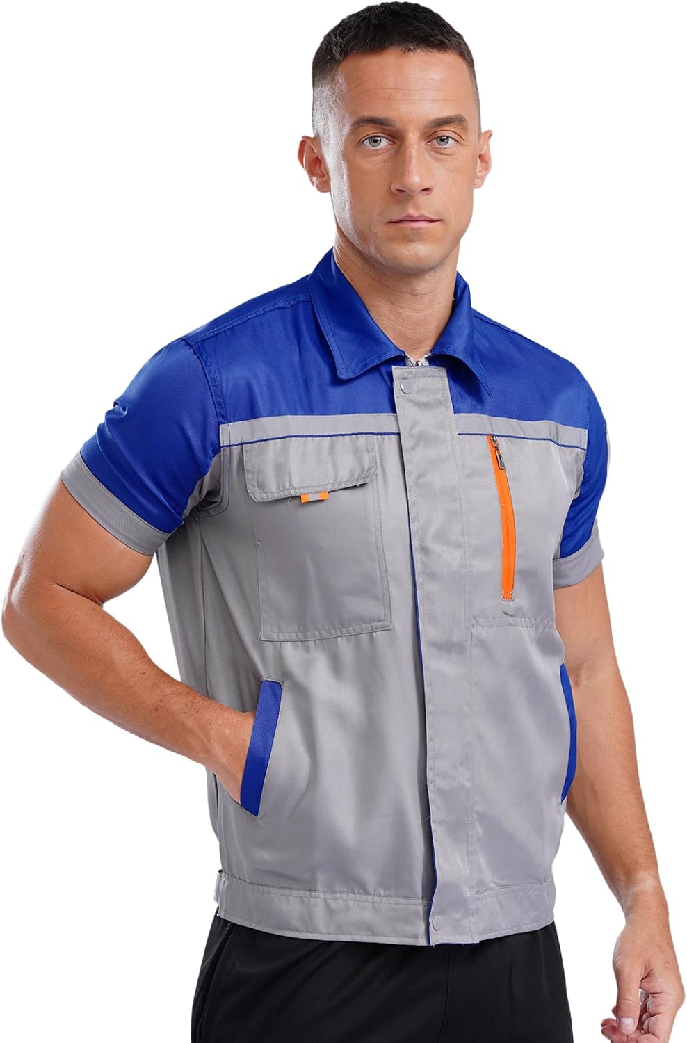 Linjinx Mens Mechanic Work Shirt Short Sleeves Reflective Stripes Jacket Zipper Industrial Factory Uniform