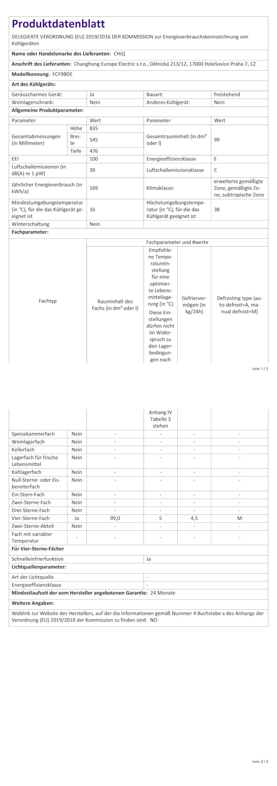CHiQ Gefriertruhe 99 L Schnelleinfrierfunktion LED 54,5 x 47,6 x 83,5 cm 39 dB 4-Sterne-Gefrieren -24°C Freistehend Weiß