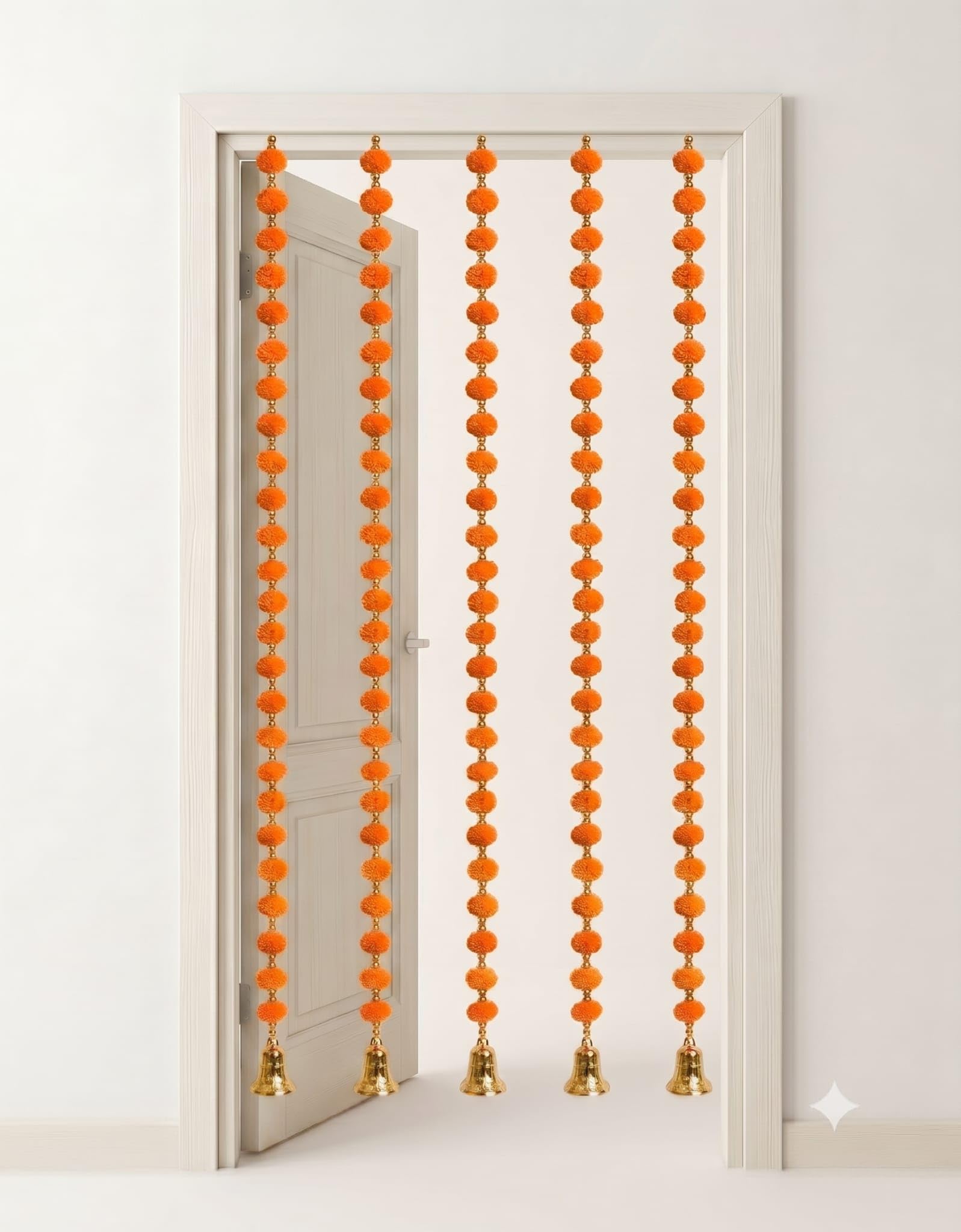 Indian Handmade Pom Pom Garland with bells latkans 5 feet approx pack of 2 garlands Diwali decor Christmas decor (Orange)