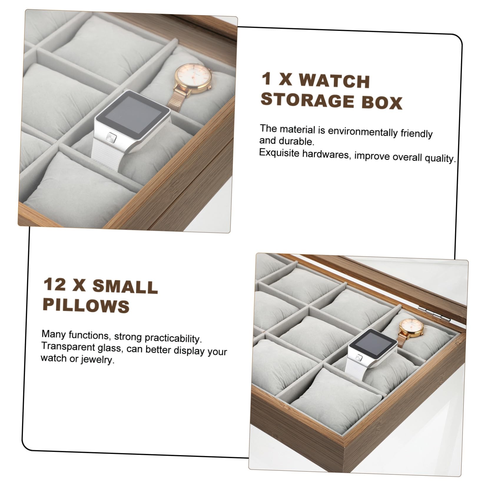 Uhrenbox mit 12 Fächern und Kissen zur Präsentation | Schmuckorganizer für Uhr und Ohrringe, Elegantes Design, 12 Herausnehmbare Weiche Polster, für Laden