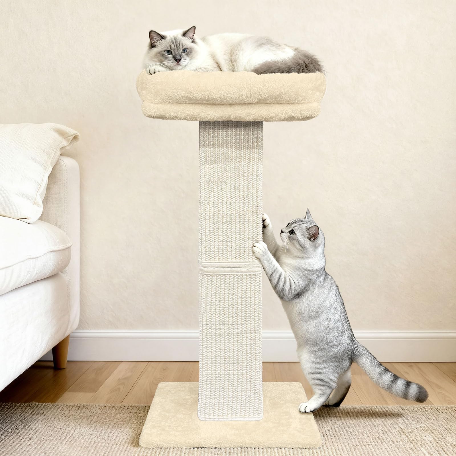 Tiragraffi per gatti, 81,3 cm, con grande posatoio in peluche, tiragraffi in sisal e moquette, pali verticali con letto rialzato per gatti domestici, fodera rimovibile e lavabile, beige