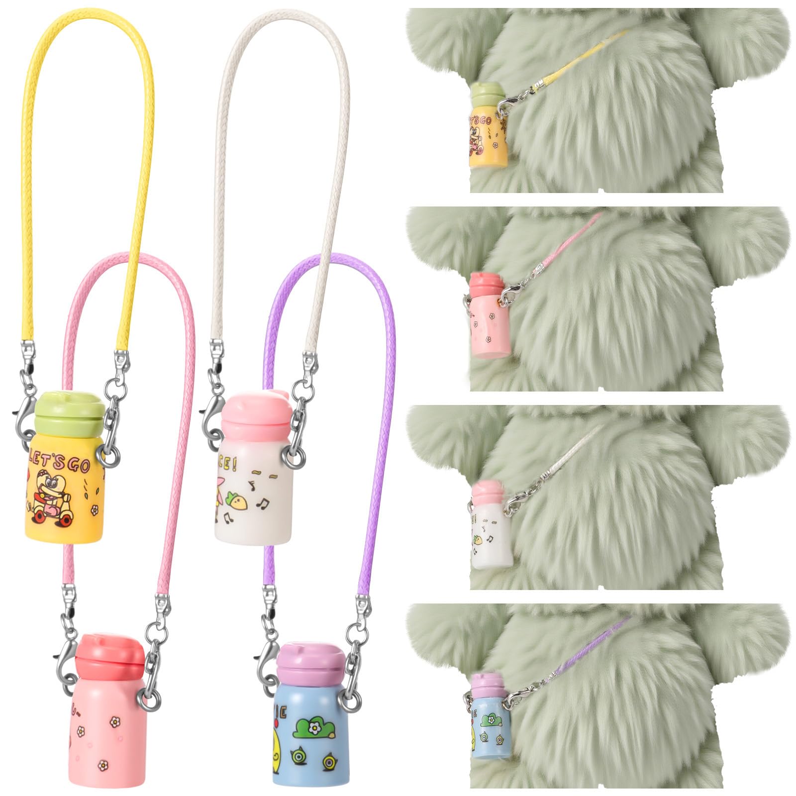 Simgoing 4 Pcs Mini Colorful Water Bottle Set with Detachable Lanyard Compatible for 17cm Doll, Small Water Bottle with Shoulder Strap Bag Decoration