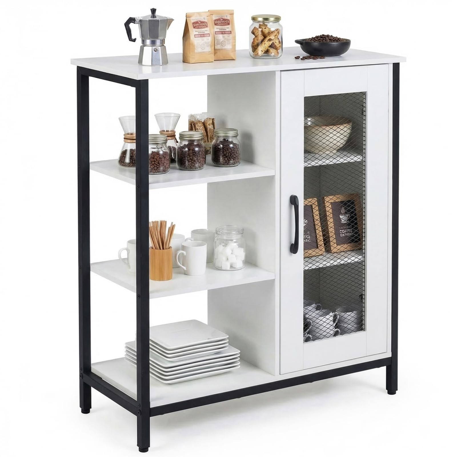 COSTWAY Industrial Storage Cabinet, Wooden Buffet Sideboard with Doors, Adjustable Shelves & 3 Open Shelves, Freestanding Display Organiser Cupboard for Home Kitchen (1 Wire Door, White, 70x30x81cm)
