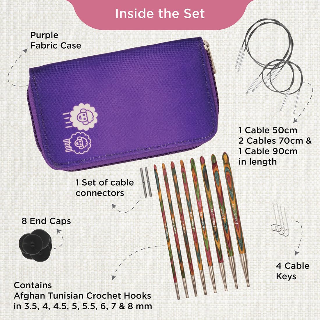 Szydełkowe haczyki KnitPro w etui na zamek błyskawiczny, Symfonie Tunezyjskie końcówki i akcesoria z drewna afgańskiego, 3.5-8mm