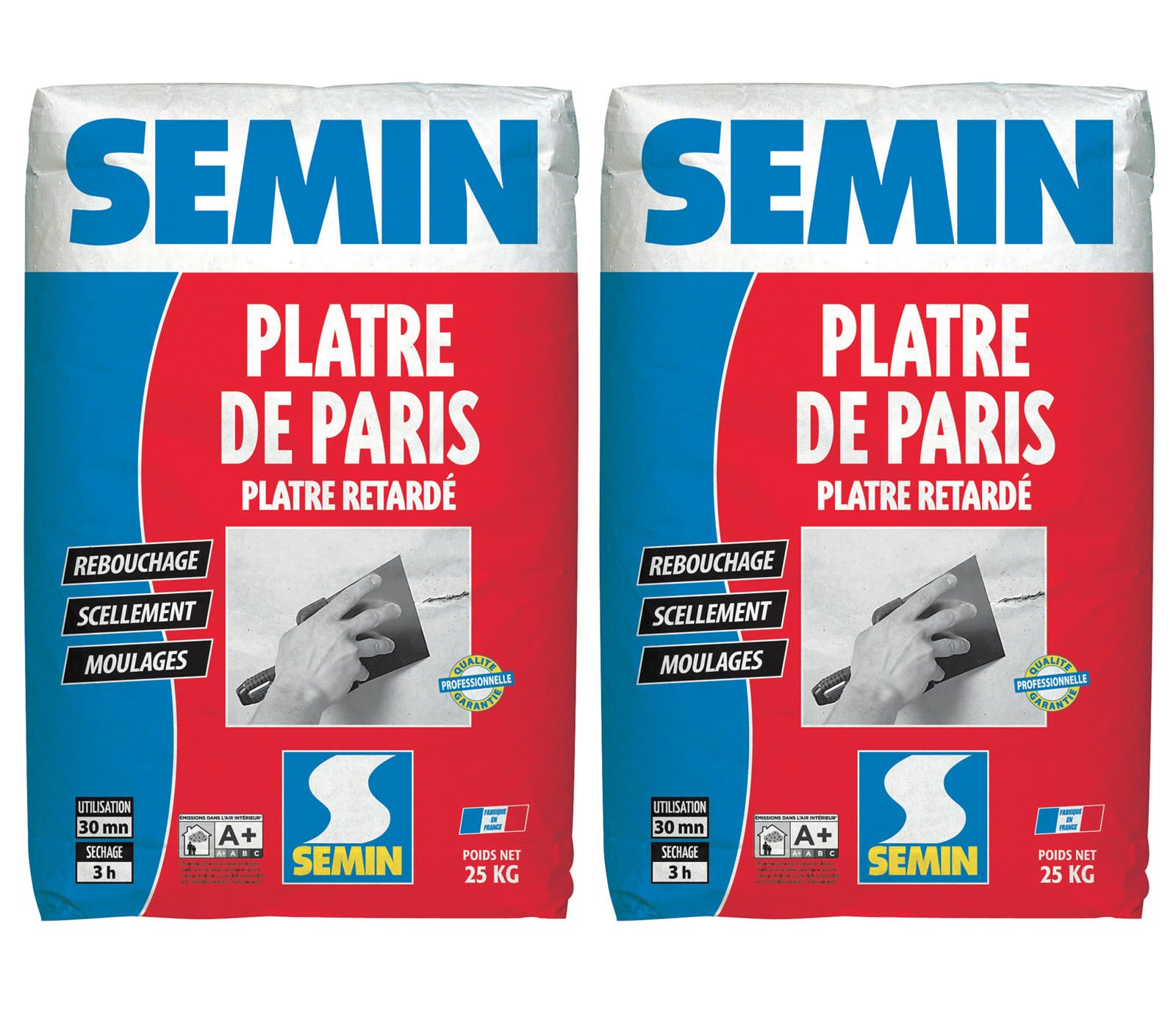 SEMIN Plâtre de Paris 25 kg - Plâtre Naturel Extra Fin - Moulages, Scellements, Rebouchage et Réparations Intérieures - Séchage Rapide 3h - Finition Blanche - Fabriqué en France - Lot de 2
