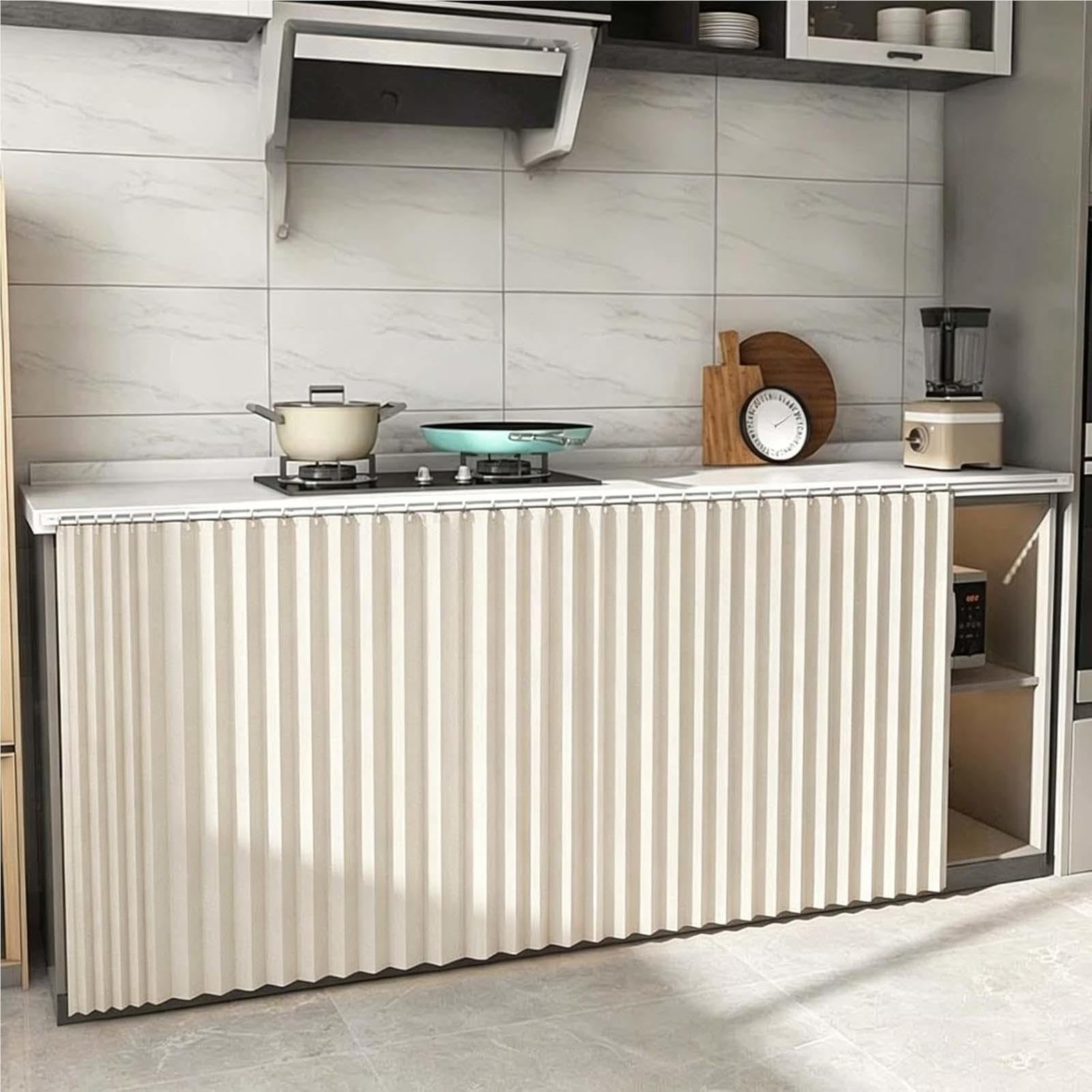 YSZBD Sliding Cabinet Curtain With Self-adhesive Track – Foldable Dustproof Privacy Curtain No Punch Installation Waterproof Blackout for Under Sink, Bathroom Open Shelves,Beige-W100cm/H130cm