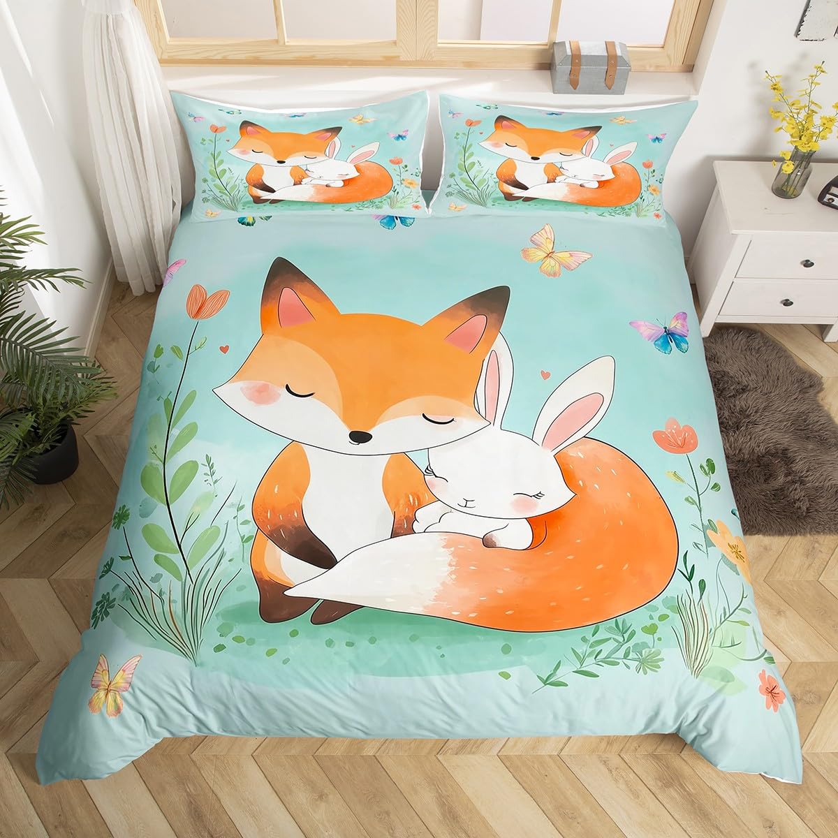 Homemissing Cute Fox Duvet Cover Double Rabbit Children'S Bedding For Girls And Boys Bedroom Decoration Wildlife Bedding Cartoon Fox Rabbit Pattern，Soft