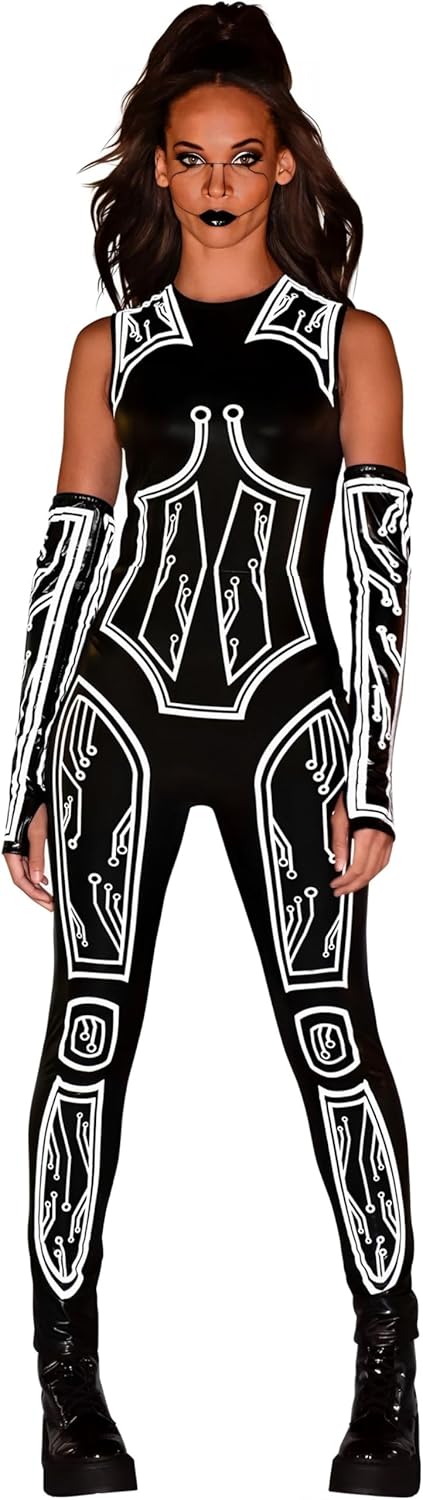 Cyberpunk Catsuit For Women - Size Large/X-Large - Bold Black & White Print Design, Perfect For Halloween, Costume Parties & Themed Events - 1 Pc