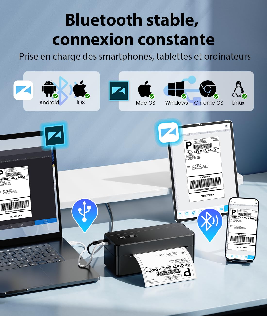 Imprimante Thermique Bluetooth 2410BT 4x6 Étiquette Expédition Compatible Amazon eBay Shopify