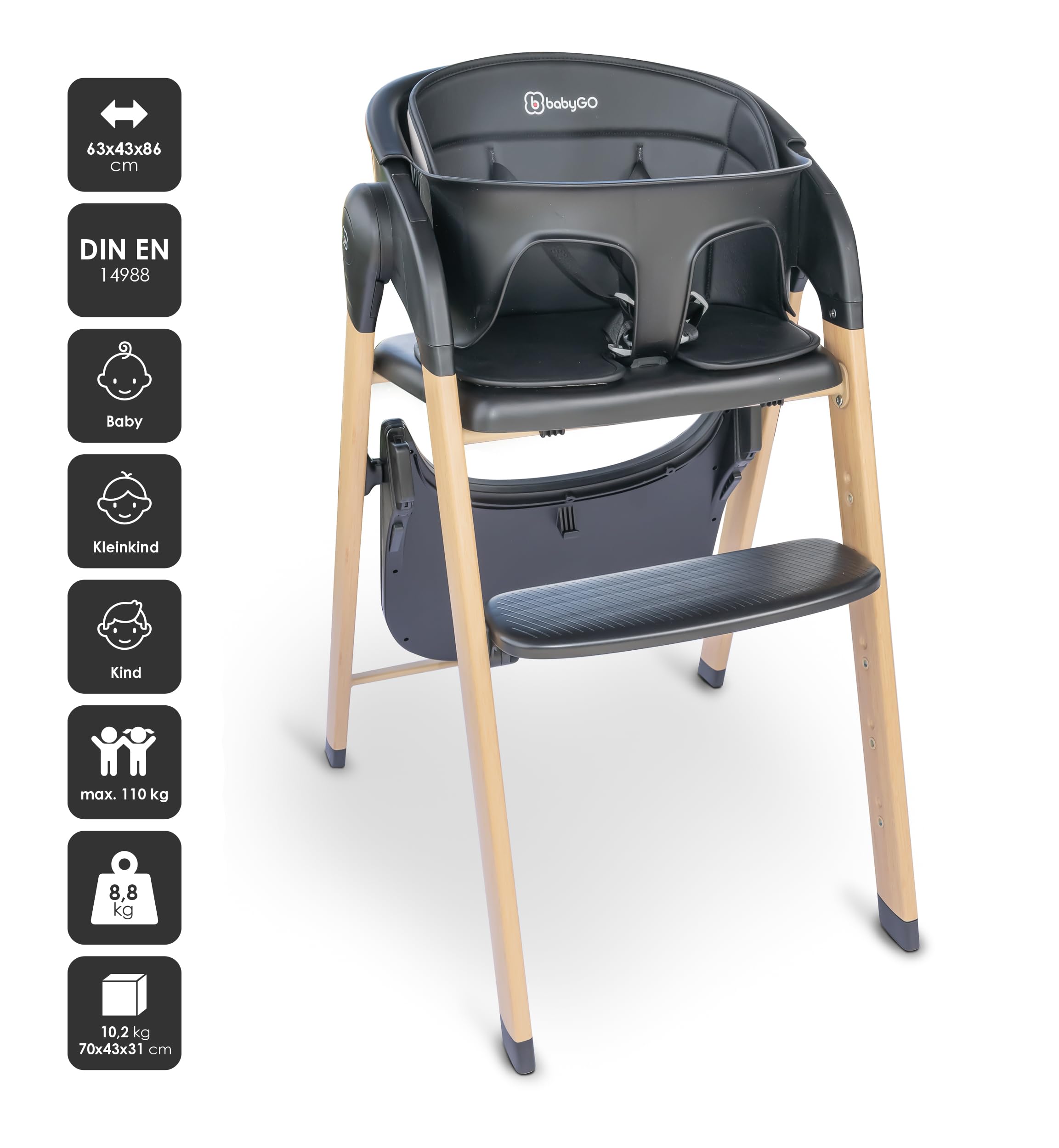 babyGO Levels Mitwachsender Hochstuhl - Perfekt für Babys bis Schulkind - Kinderhochstuhl/Babystuhl ab 6 Monaten mit hochwertigem Design - Schwarz