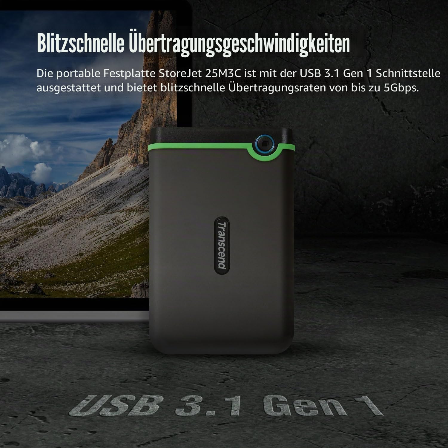 Transcend StoreJet 25M3C 2TB Externe Festplatte, USB Type-C, Anti-Schock (Militärstandard), USB 3.1 Gen 1, 2.5 Zoll, Eisengrau| Ideal für MacBook, iPad Pro & USB-C Laptops