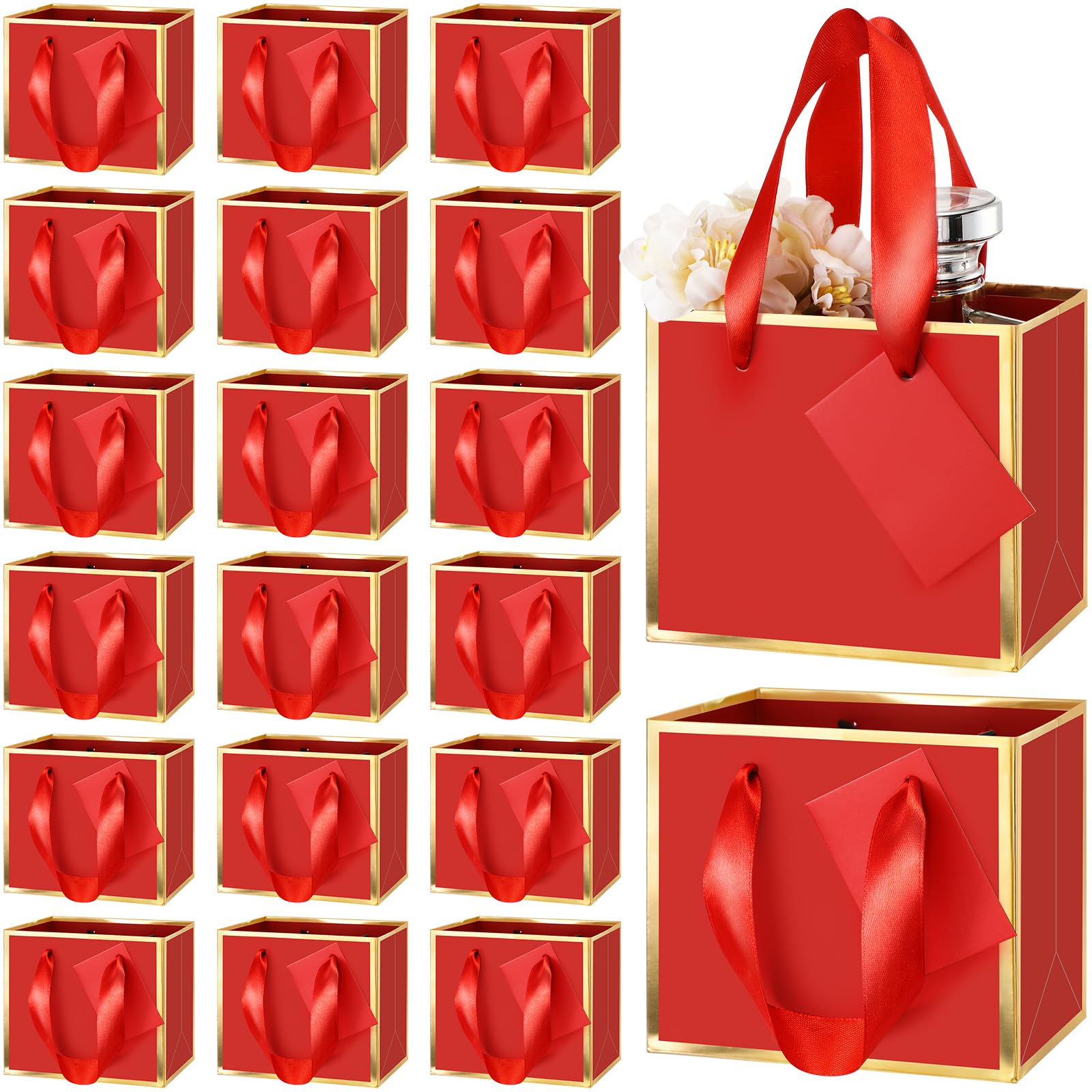 50 Pcs Mini Metallic Foil Paper Gift Bag with Handle 4x4.75x2.25'' Extra Small Thank You Favor Bag with Tag for Graduation Birthday Party Goodies Wedding Bridal Baby Shower(Red, Gold)