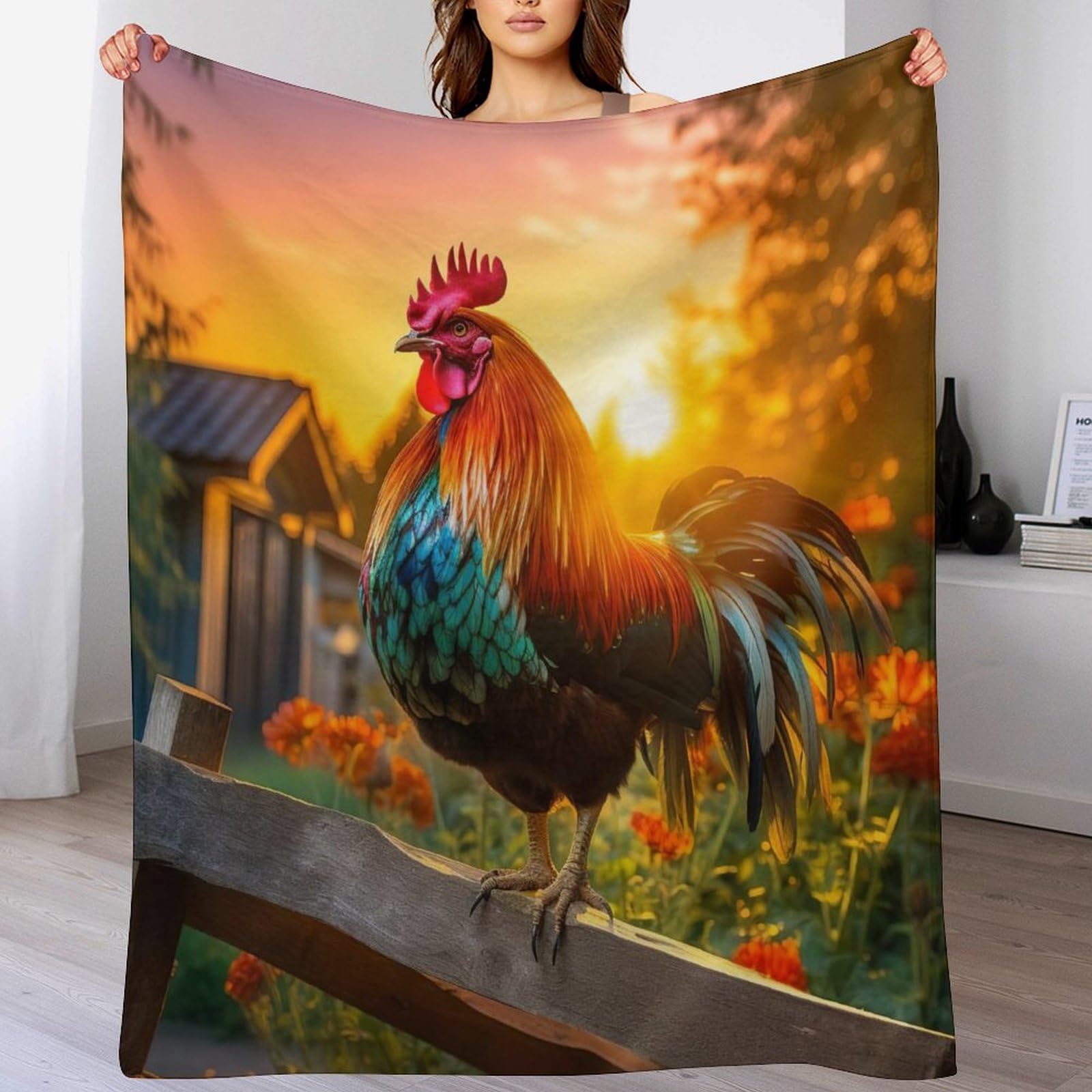 Couvre-lit coq impression 3D en polaire fine pour une décoration de chambre élégante