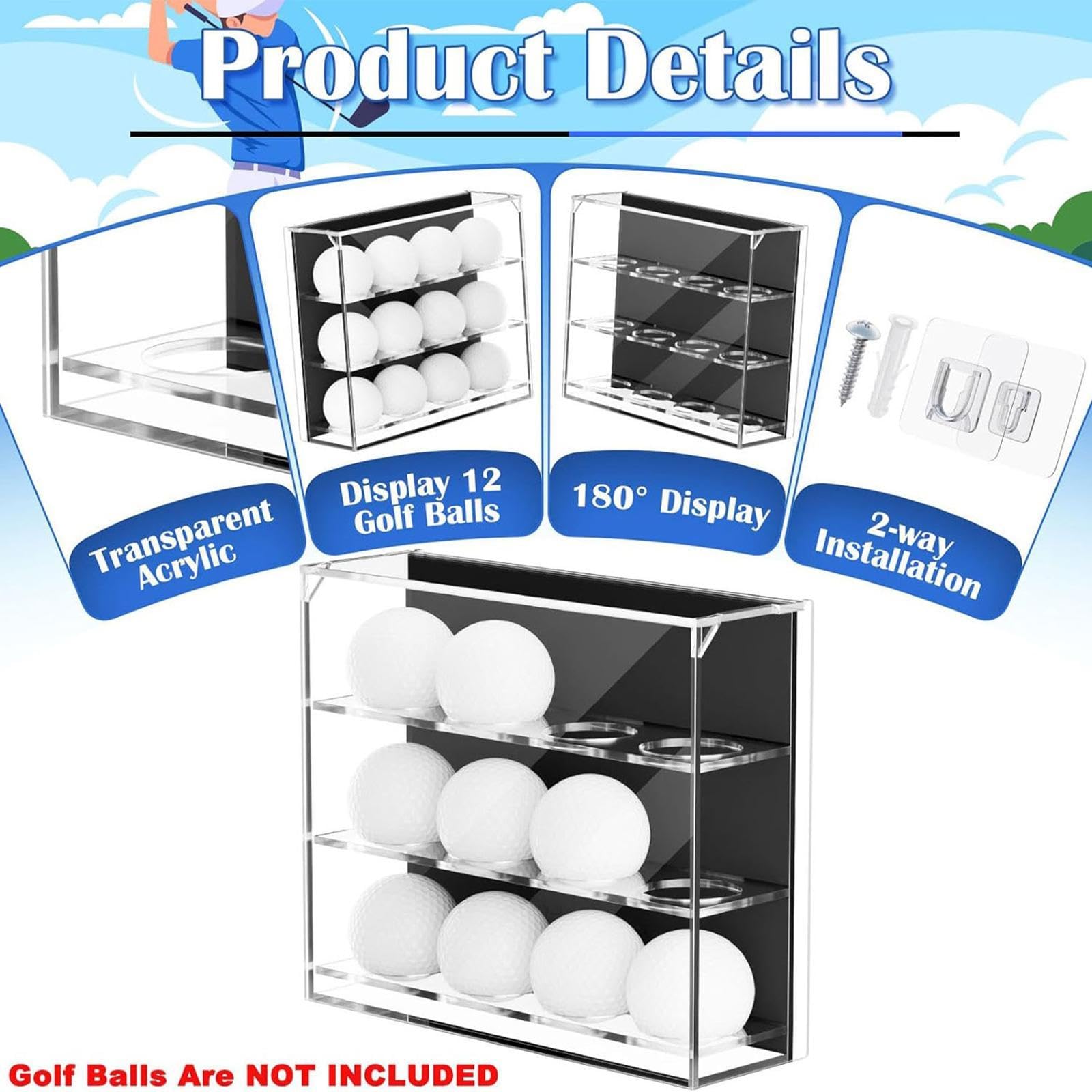 Vitrina de Pared para Pelotas de Golf, 3 Niveles, 12 Ranuras, Elegante, Transparente, para el hogar, Soporte para Pelotas de Pong.