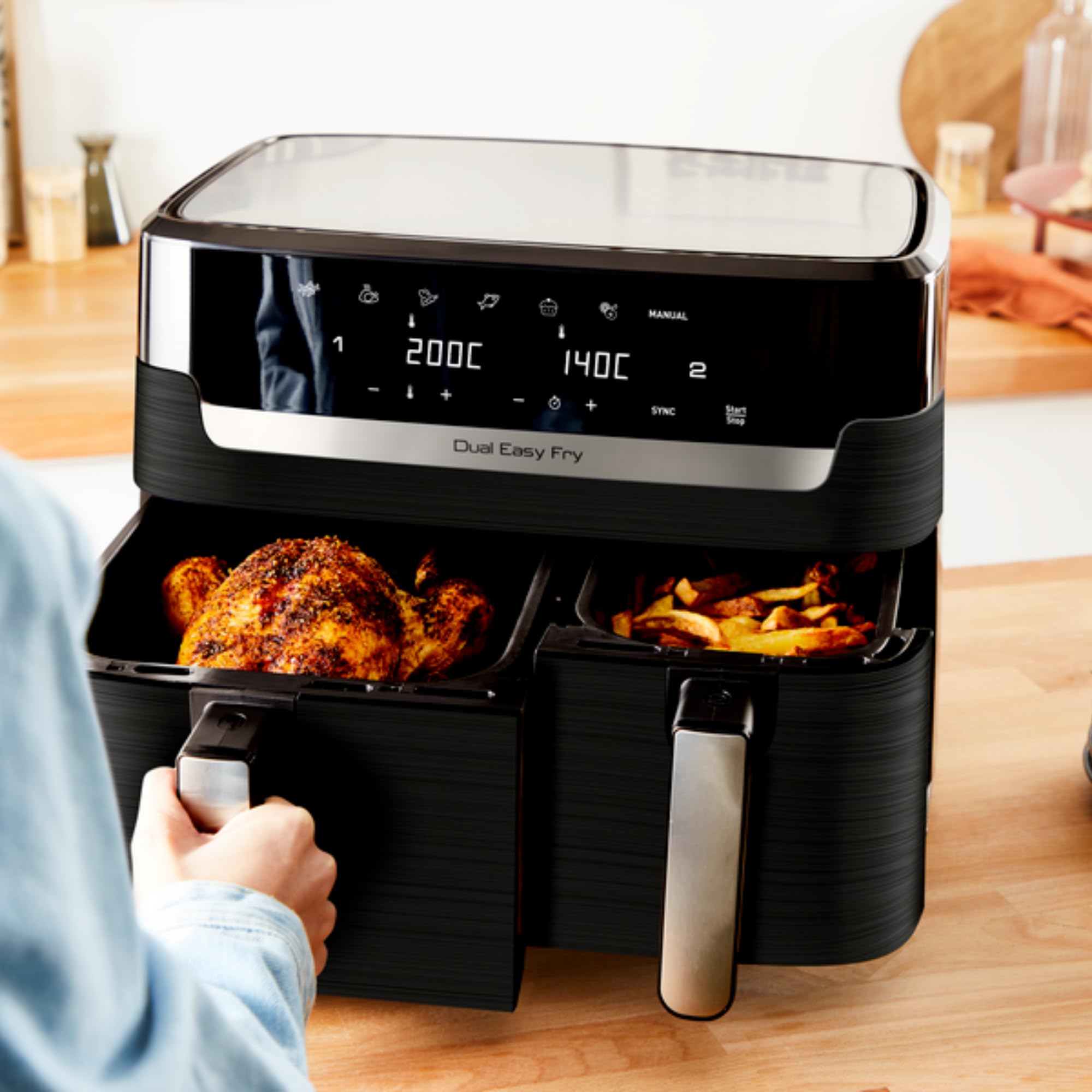 Tefal Dual Easy Fry EY9018 - Freidora de aire caliente de doble cámara (5,2/3,1 L, dos cajones independientes, 7 programas automáticos, ahorro de energía), color negro