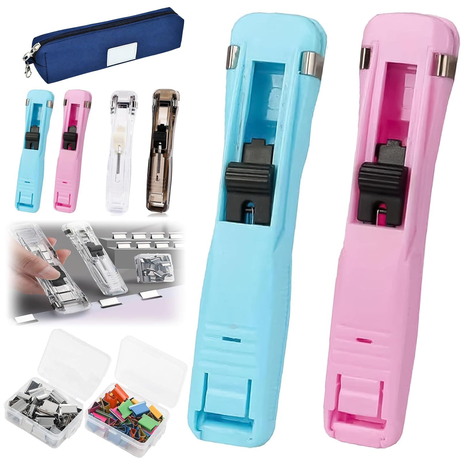 Portable Binder Clip Stapler - Includes 100 Reusable Clips, Handheld Paper Clam Clip Dispenser, Mini Push Stapler Clamp Staplers, Refillable Office Staplers Set, for Fixing Documents (B)