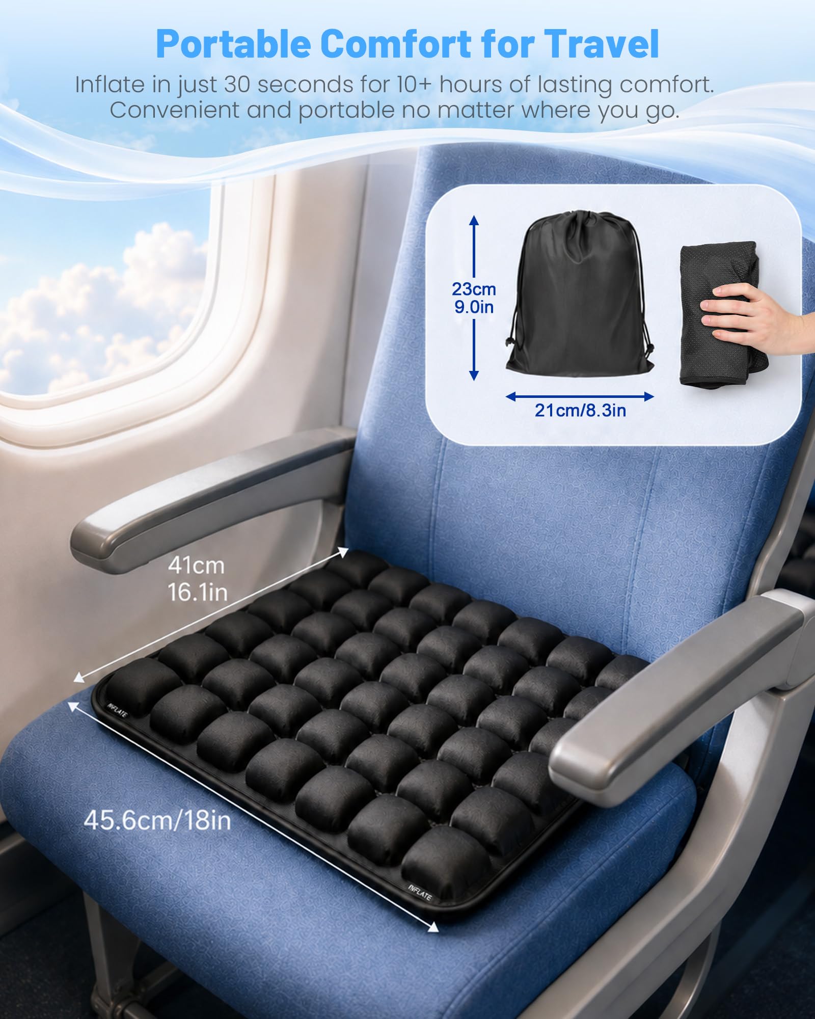 LeMotech Cuscino da viaggio per aereo, portatile e regolabile, supporto ergonomico confortevole, cuscino gonfiabile ad aria con fondo antiscivolo per lunghi voli, ufficio, campeggio, sedia a rotelle