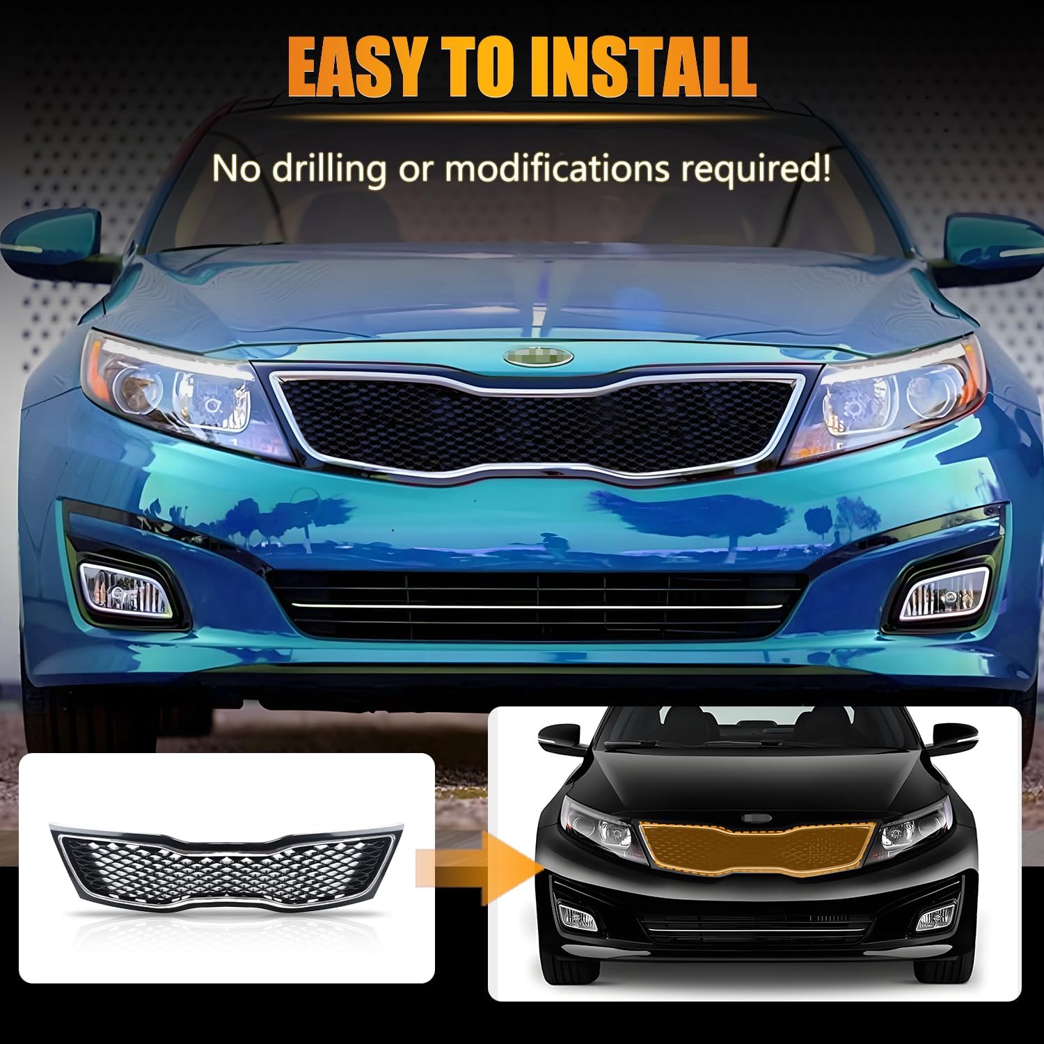 New [Upgraded] Front Grille for 2014 2015 Optima, Optima Bumper Hood Mesh Grill, Glossy Black Bumper Grille Optima Accessories