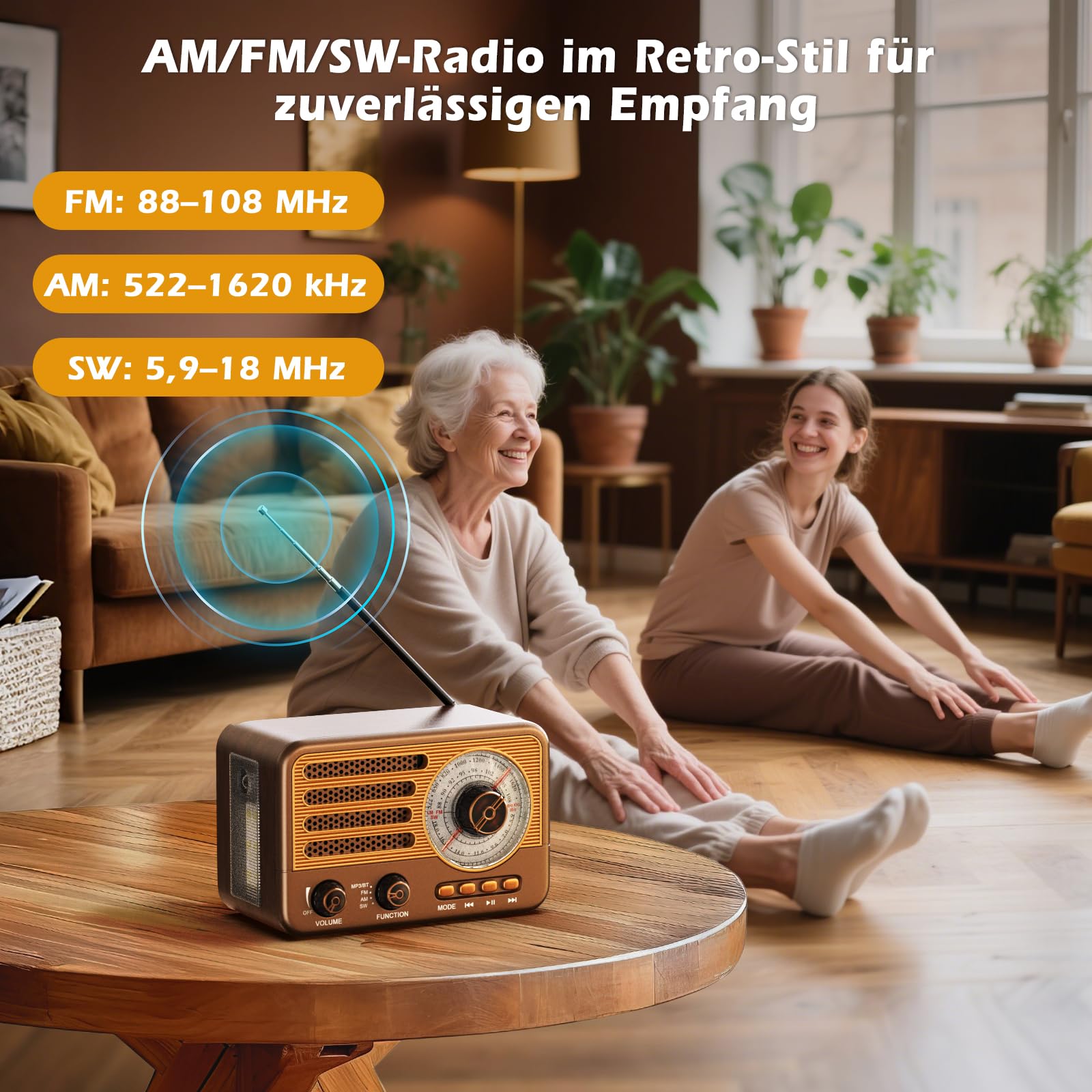 Vintage-Transistorradio – Retro-Stil mit moderner Reichweite, tragbar, AM/FM/SW, mit USB/TF/Aux-MP3-Wiedergabe und wiederaufladbarem 1800-mAh-Akku