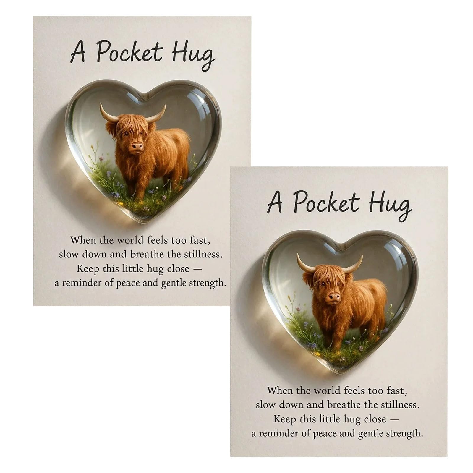 Copbopwn 2Pcs Pocket Hug Highland Cow Heart-Shaped Highland Cow Token with Inspirational Card Acrylic Highland Cow Gifts for Women Mini Emotional Support Gift for Friends Family Encouragement Birthday