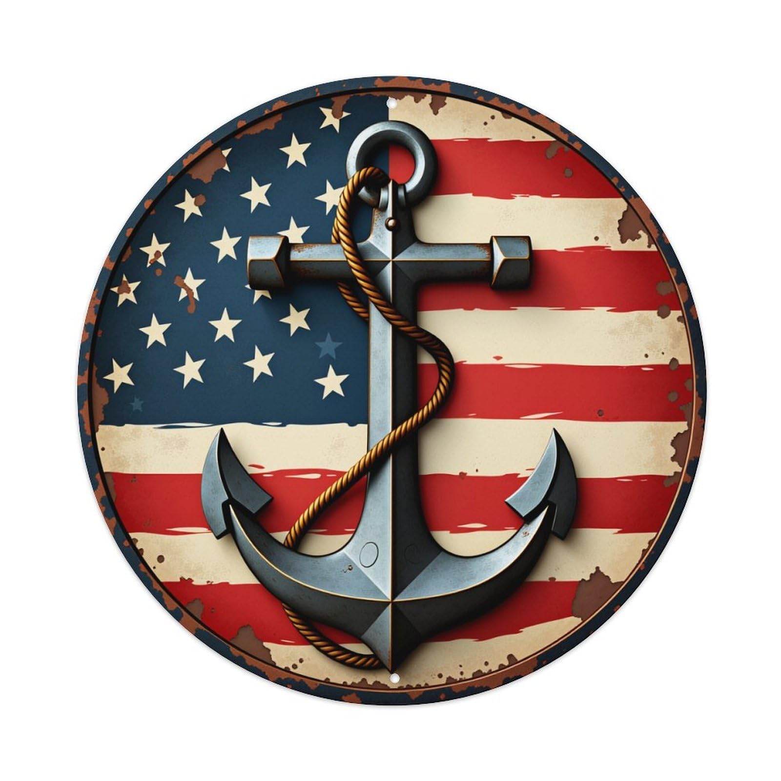 American Flag Anchor Rope Metal Round Tin Sign Vintage Metal Poster Retro Bar, Home, Man Cave, Kitchen, Laundry Room Wall Art Decor Gift 8x8Inch