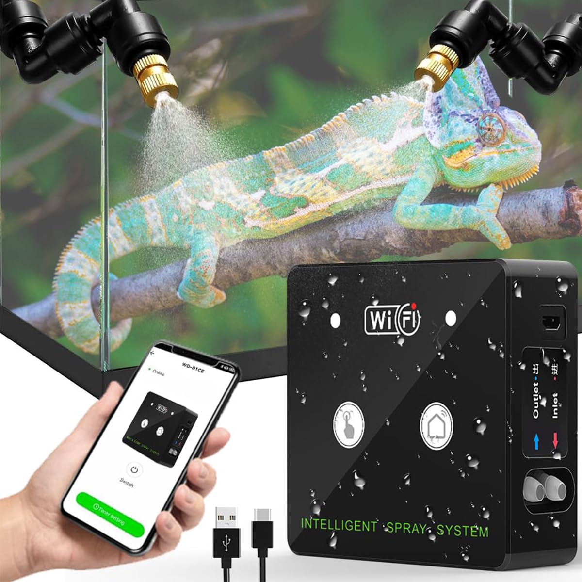 Sistema de nebulización temporizada con tanque de selva tropical con wifi ajustable de 360°, caja para tortugas trepadoras pulverizador automático