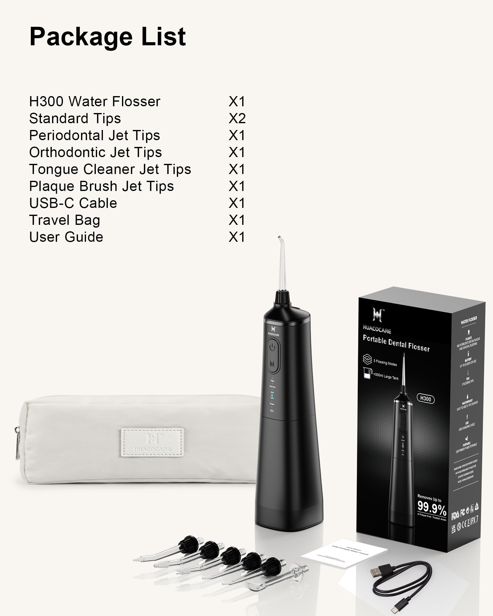 HUACO CARE Irrigador bucal de agua mejorado de 300 ml, 5 modos de irrigador bucal profesional inalámbrico, limpiador dental de agua de pulso de alta presión para el hogar y viajes, elimina la placa