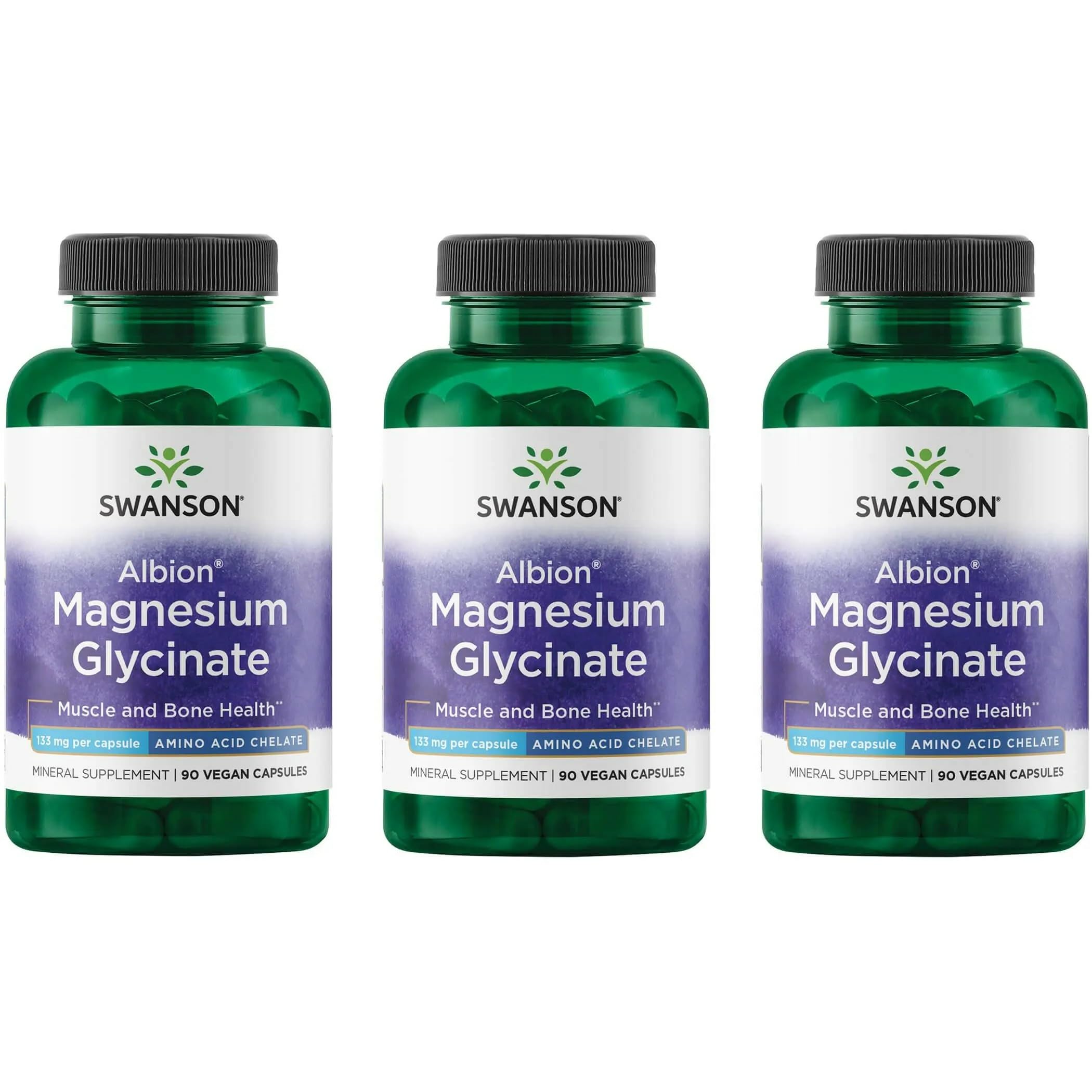 Swanson Albion Magnesium Supplement, Chelated Magnesium Glycinate, 90 Caps 90 Count (Pack of 3)