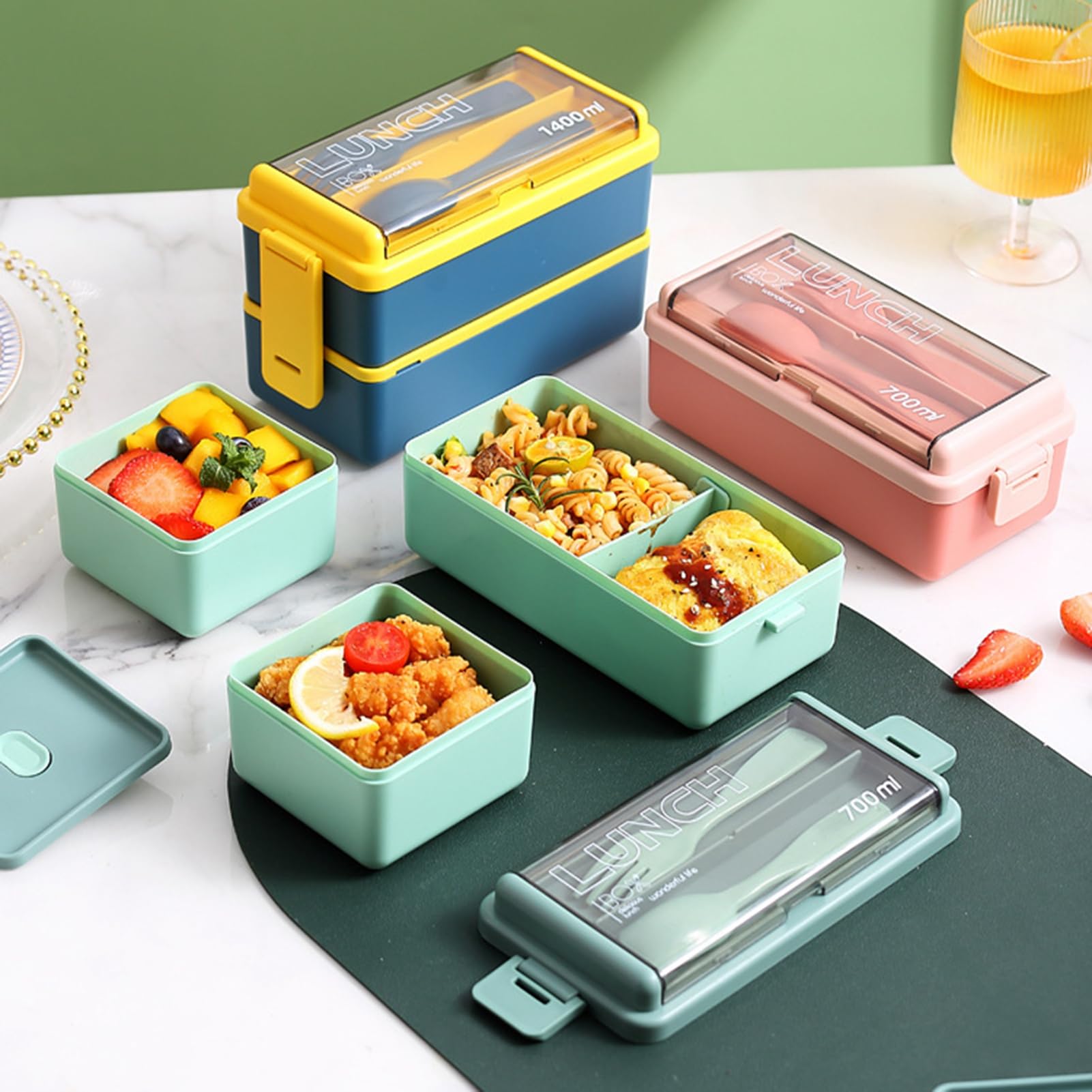 Yoakaiax Men's Blue Bento Box Adult Lunch Box, 2-Tier Stackable Bento Lunch Containers For Adults, Wo Lunchable Food Container With Utensils Set, Lunchbox For Dining Out, Work, Picnic, Bpa Free