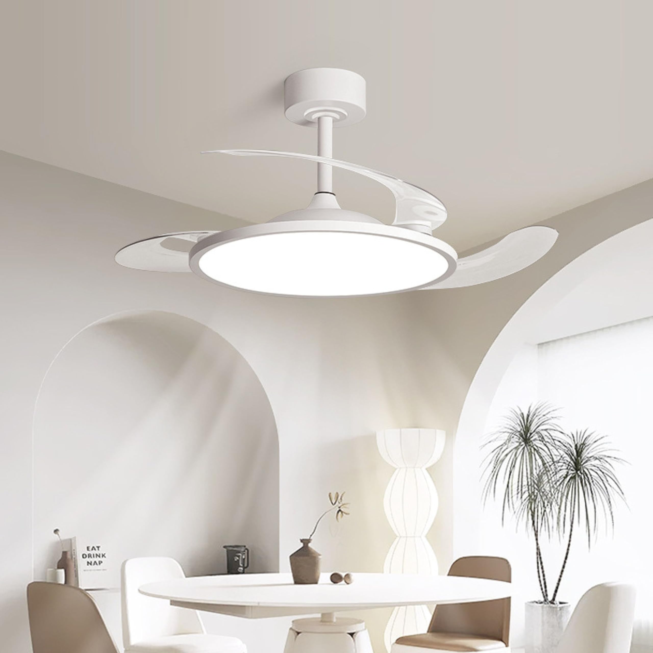 YASTA Lampadario con Ventilatore Da Soffitto Luce Con Pale Retrattili 80W | Pale a Scomparsa,Silenzioso ,Ultra Slim,Plafoniera LED 50 cm,Luce Fredda Calda Naturale