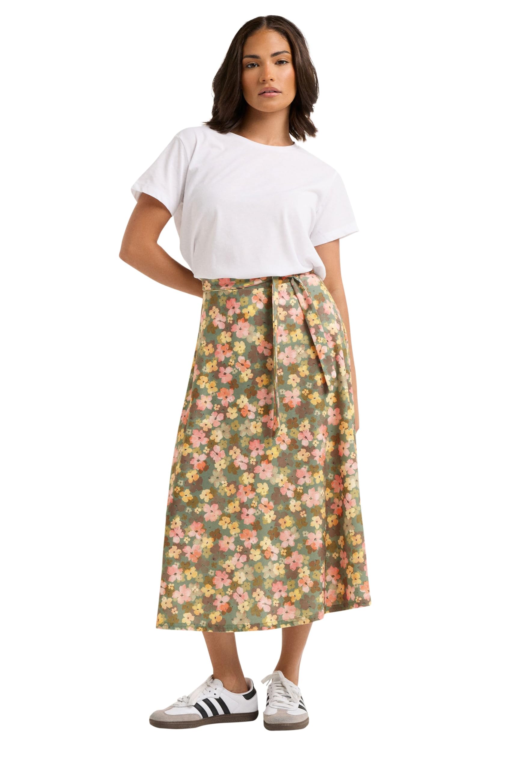 Petite Womens Floral Belt Tie Midi Skirt Black
