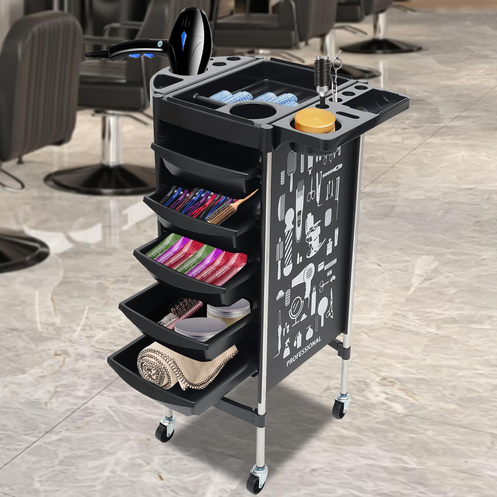 Carrito de peluquería con 5 cajones, contenedor con ruedas, carrito de peluquería, cosméticos, estante de baño, asistencia para peluquería, carrito de trabajo, carrito para salones de belleza,