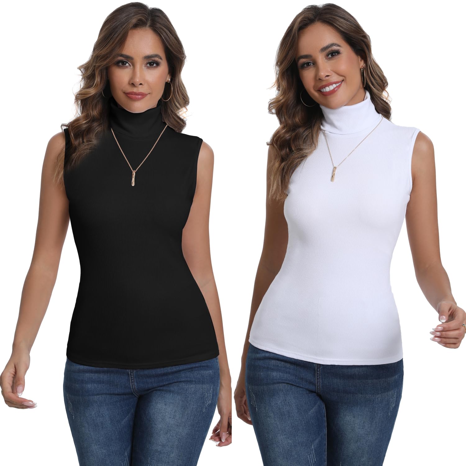 Enjoyoself Damen Rollkragen Top RIPP Ärmellos Rollkragenshirt Elegant Rolli Stretch Leicht Unterziehrolli Basic Jersey Weste