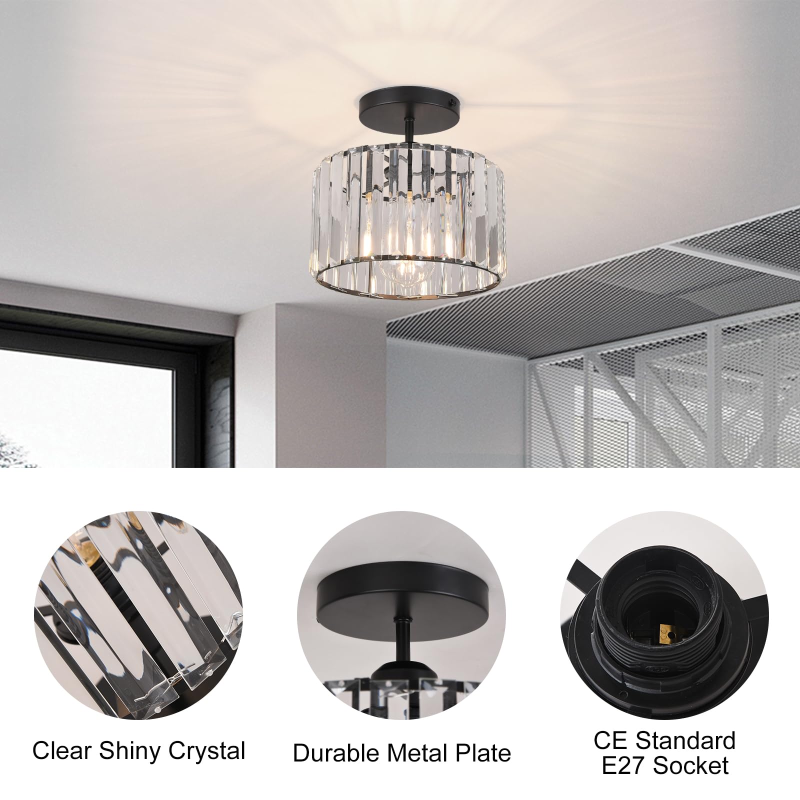 ZYDTRIP Crystal Ceiling Light Fixture Semi Flush Mount Ceiling Lamp Modern Black Crystal Chandelier for Living Room Hallway Dining Room Kitchen - Image 3