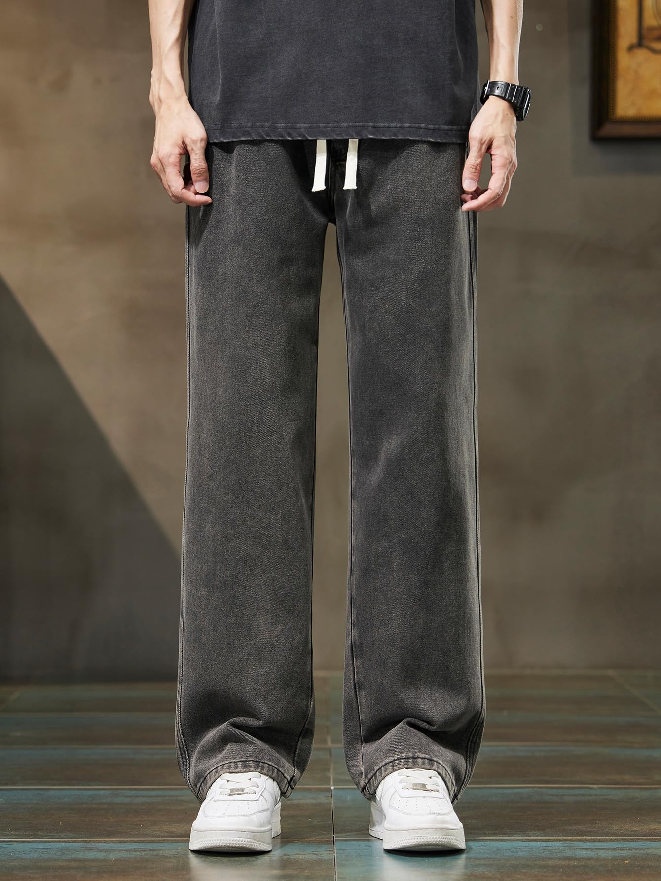 Pantalones vaqueros para hombre con cintura elástica y cordón, piernas holgadas rectas, denim ligero extremadamente suelto