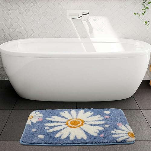 Miniatura 5 de Alfombra de baño de color azul, bonita alfombra de baño con flores dasiy, alfombra estética, alfombra de baño, lavable a máquina, alfombra de baño