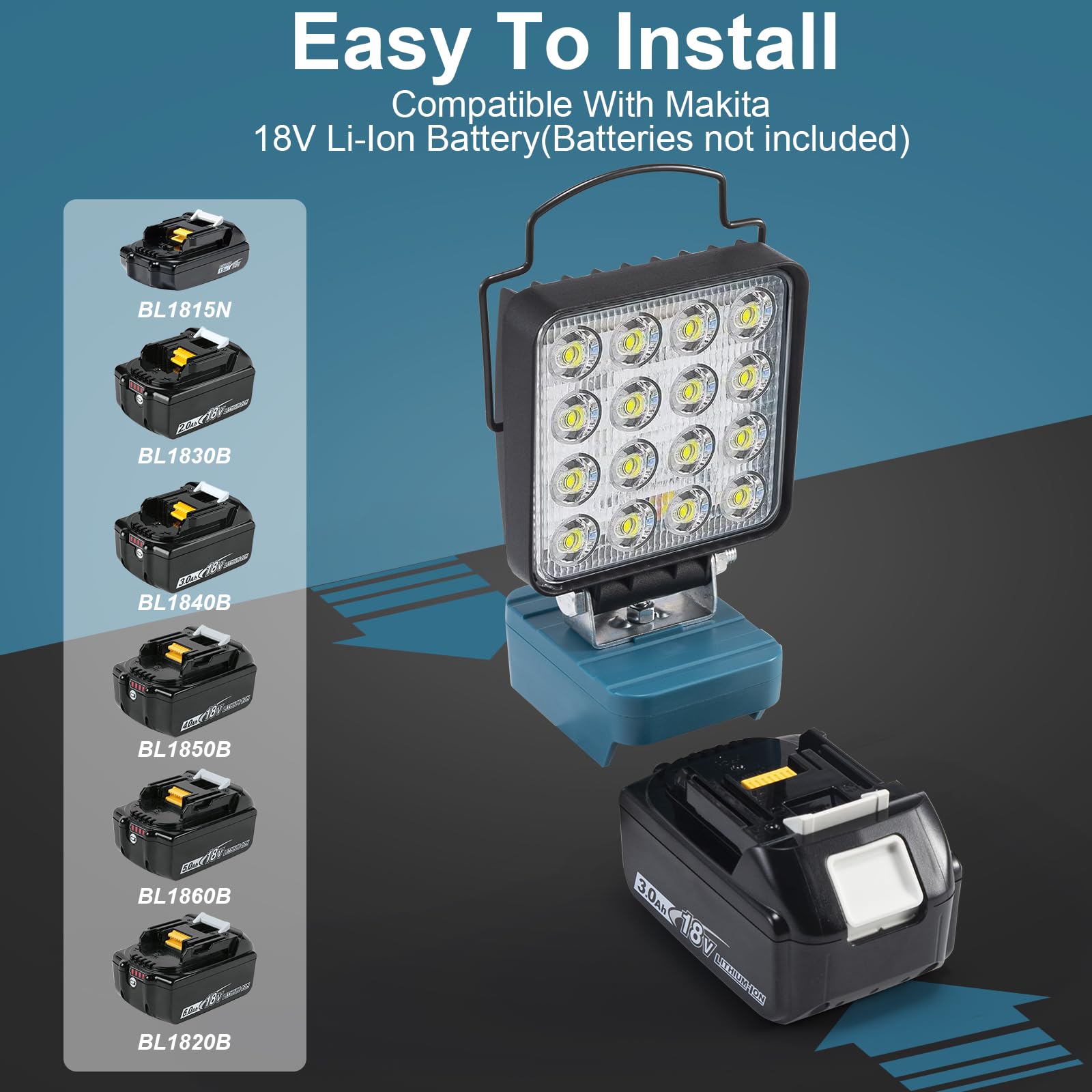 Battery Lamp For Makita 18/21 V, 48 W 2 Brightness Settings Wireless LED Work Light Battery - View #13