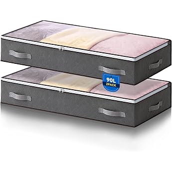 AIOR Pack of 2 90 L Underbed Storage Bags with Viewing Window Foldable Underbed Storage Bag Clothes Storage Blanket Organiser Storage Container 100 x 50 x 18 cm