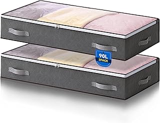Boic 2 Pack 90L Underbed Storage Bags, Under Bed Storage Box With Lid, Clothes Storage Bag, Foldable Underbed Storage Boxes Clothes Organiser Boxes With Handle For Comforters Blankets Bedding