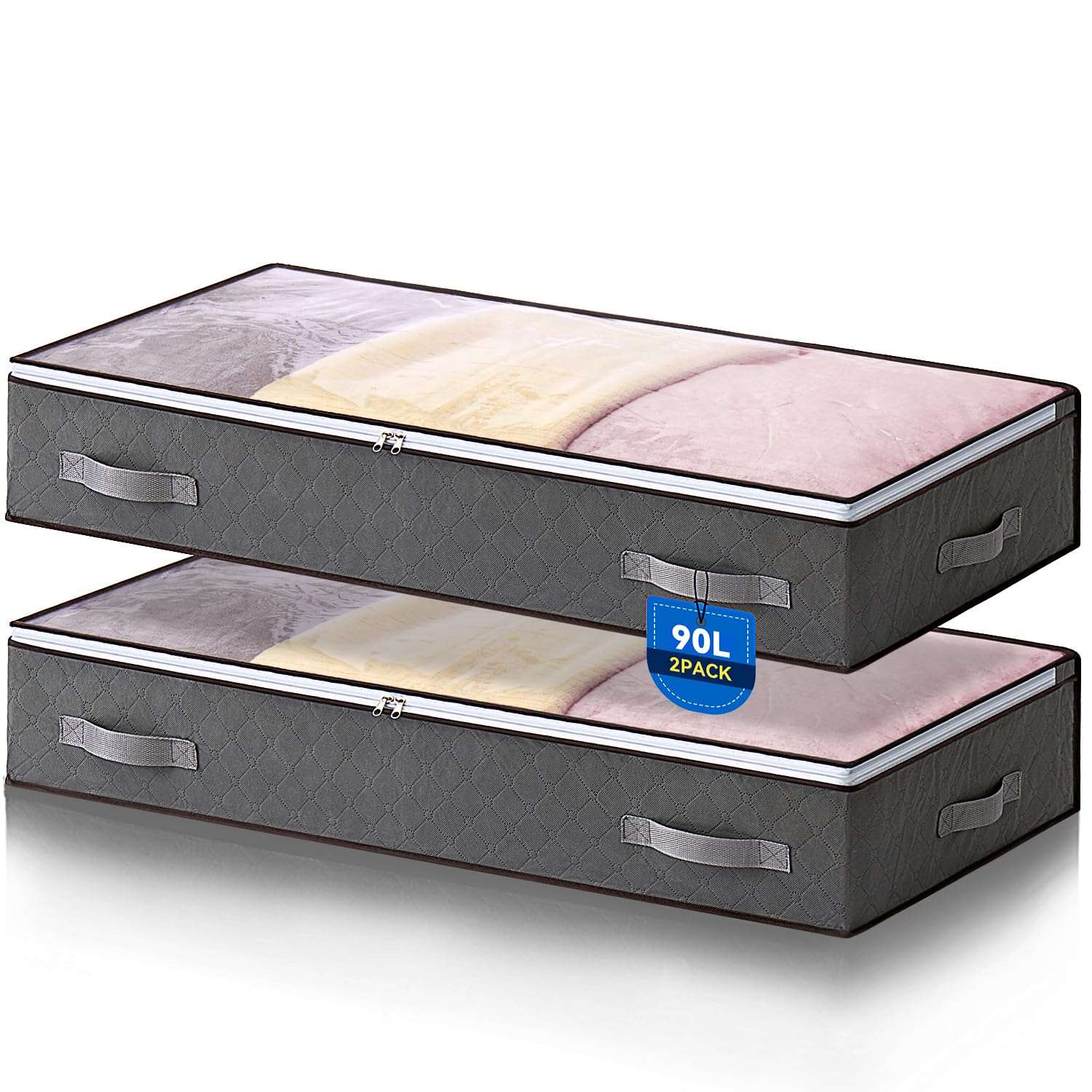 AIOR 2 Piezas 90L Bolsas Almacenaje Ropa Debajo de la Cama, Cajas Almacenaje de Gran Capacidad con Ventana Transparente, Cama Organizador Armario para Ropa Mantas Edredones, 100x50x18cm