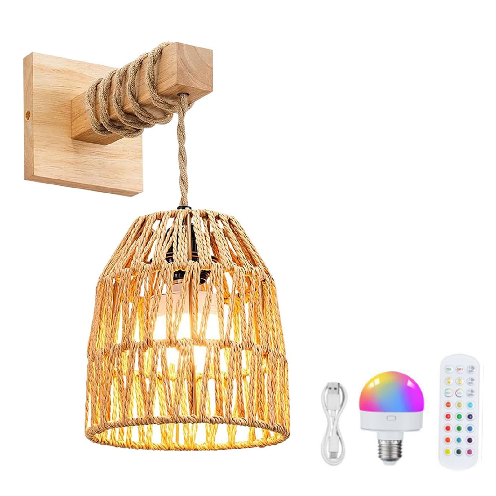 FZQSXAZU Remote Battery Operated Light Sconces Wall Decor Set of 2,Boho Sconces,Battery Rechargeable Rattan Wicker,Dimmable Wireless Lamp for Bedroom,Hallway,Entryway(Size:1pcs,Color:B)
