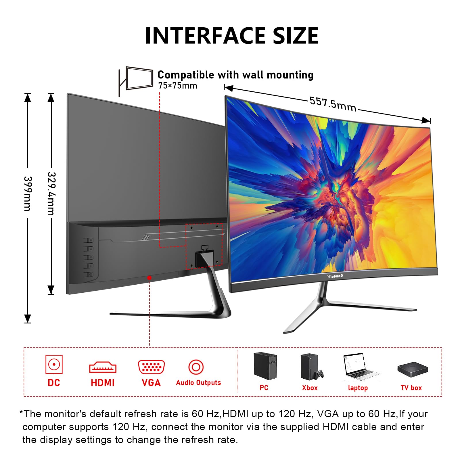 Gawfolk 24.5 inch PC Screen, Curved(3000R) 120hz Gaming Monitor with Built-in Speakers FHD 1080p 1ms Bezel-less, 98% sRGB, 178° Wide Angle, HDMI、VGA, Compatible with Wall Mounted VESA 75*75MM - Black — view 6
