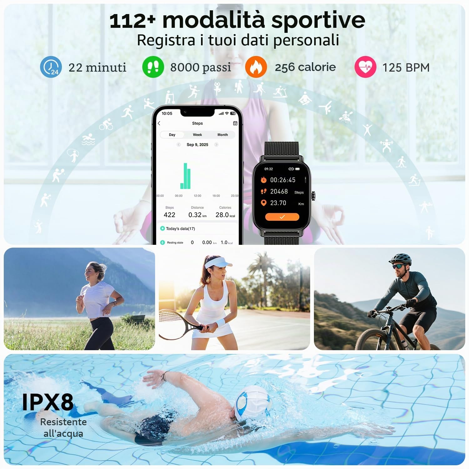 Smartwatch Uomo Donna Orologio Fitness: 1,85" Orologio Smartwatch Chiamate Bluetooth Impermeabile 112+ Modalità Sportive Monitoraggio Di Salute Smart Watch Per Android iOS Compatibile iphone Samsung