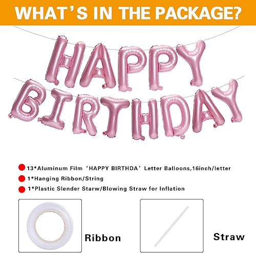 Miniatura 2 de Accevo Cartel rosa de Happy Birthday, 16 pulgadas, letras de papel de aluminio, globos con patrón de corazón, feliz cumpleaños para niños, adultos,