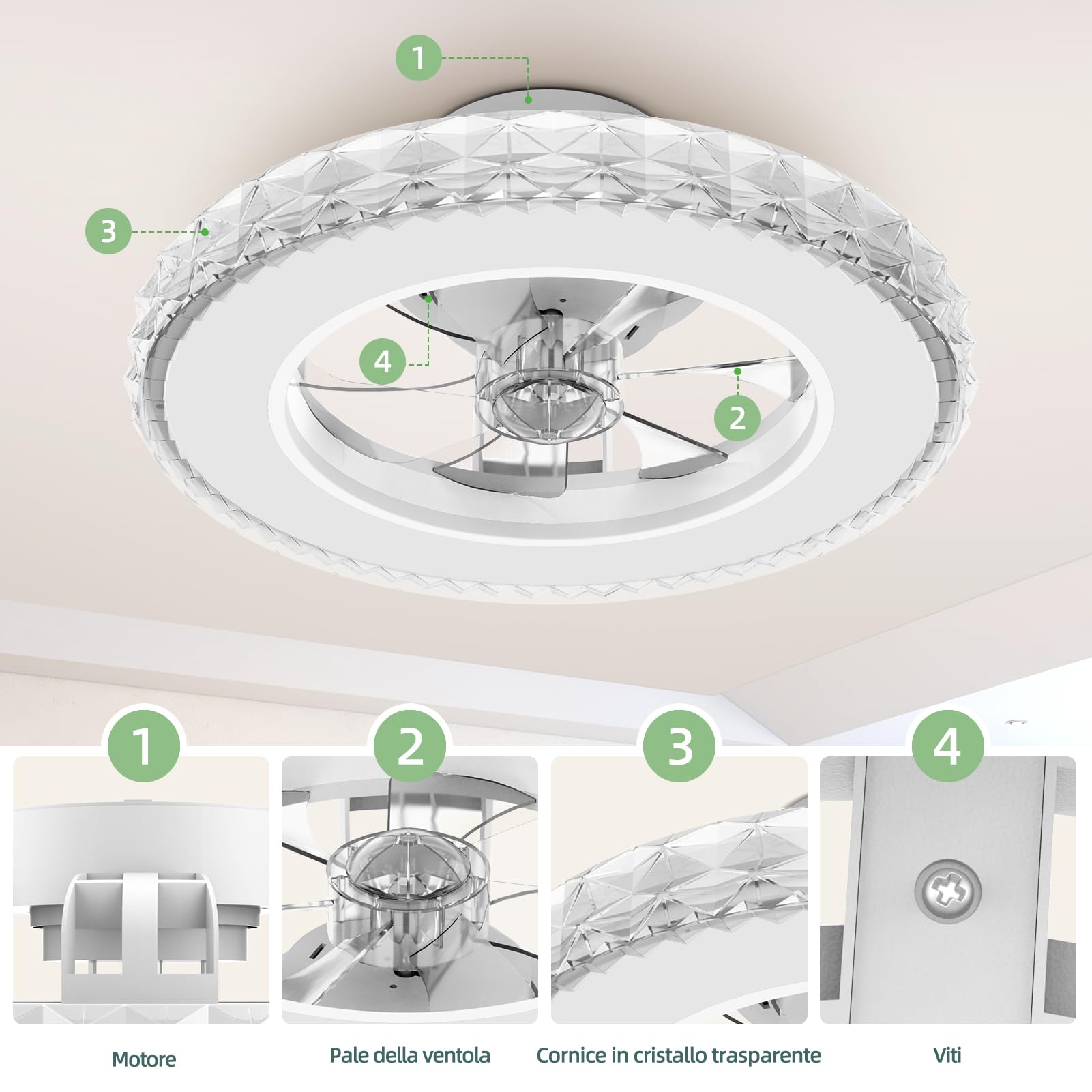 Ateroll Ventilatore da Soffitto con Luce Ø43.5CM, DC 25W LED 25W Dimmerabile 3CCT (3000K-4000K-6500K)+RGB, 6 Velocità, Timer, Memoria delle impostazioni, Adatto per Camera da Letto, Soggiorno