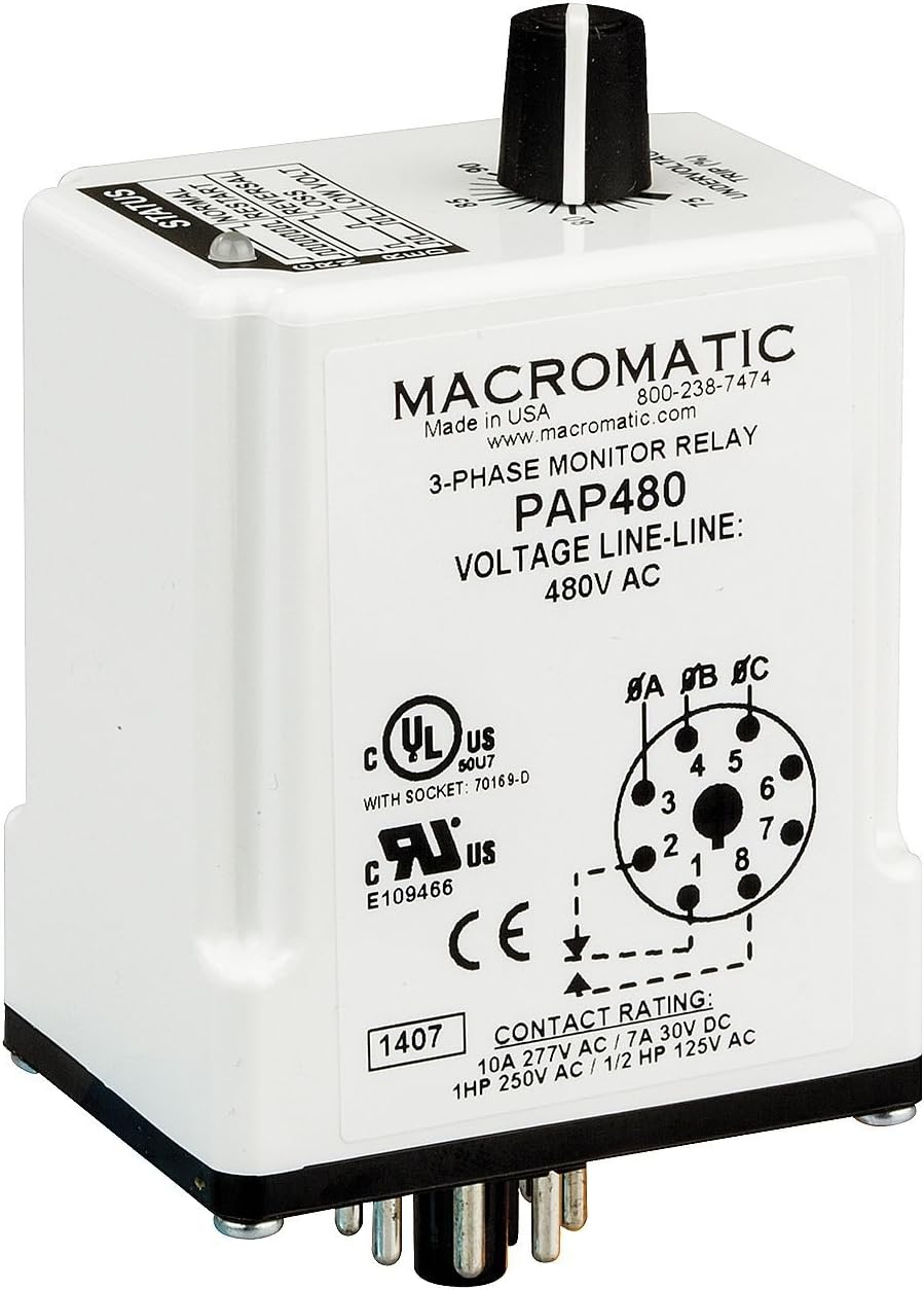 Macromatic PAP480 Relay; E-Mech; Phase Monitor; SPDT; Cur-Rtg10A; Ctrl-V 480V; Vol-Rtg 240AC; Socket Mnt