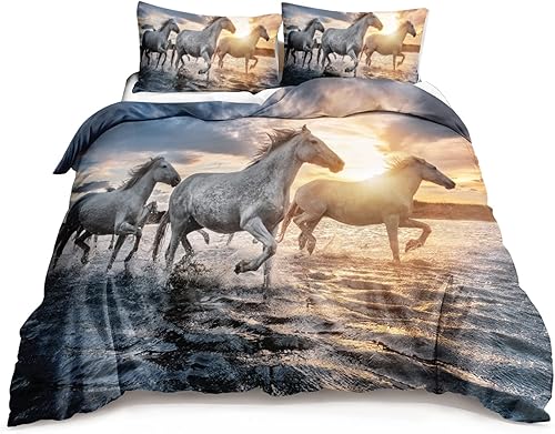 HOSIMA Funda de edredón con estampado de caballos, tamaño matrimonial, juego de ropa de cama de caballo hermoso tamaño Queen para niños,